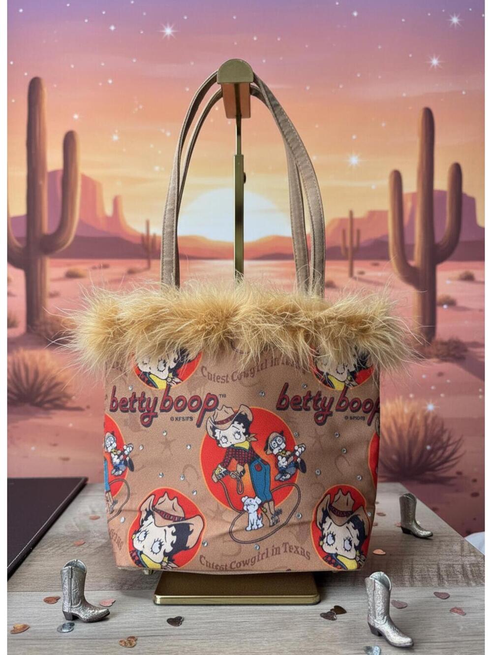 Betty Boop Cute Cowgirl Themed Tote Bag with Faux Fur Trim